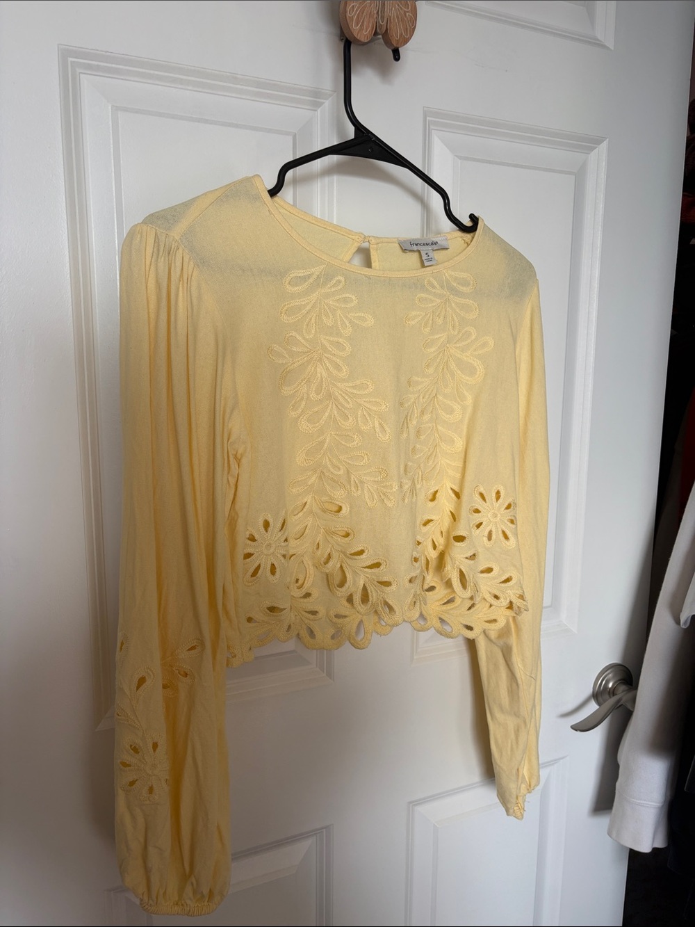Francesca's Collections Light Yellow Crochet Floral Long Sleeve Top